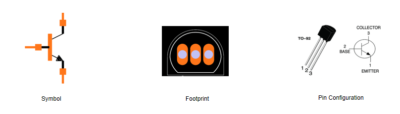 Symbol, Footprint, and Pin Configuration of 2N3904 Transistor